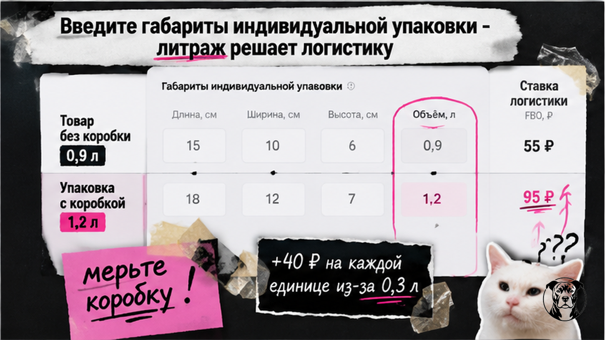 Таблица: как габариты упаковки меняют литраж и тариф логистики WB