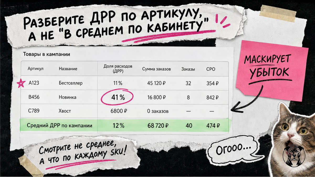 Сравнительная таблица: средний ДРР по кабинету vs ДРР по каждому артикулу WB