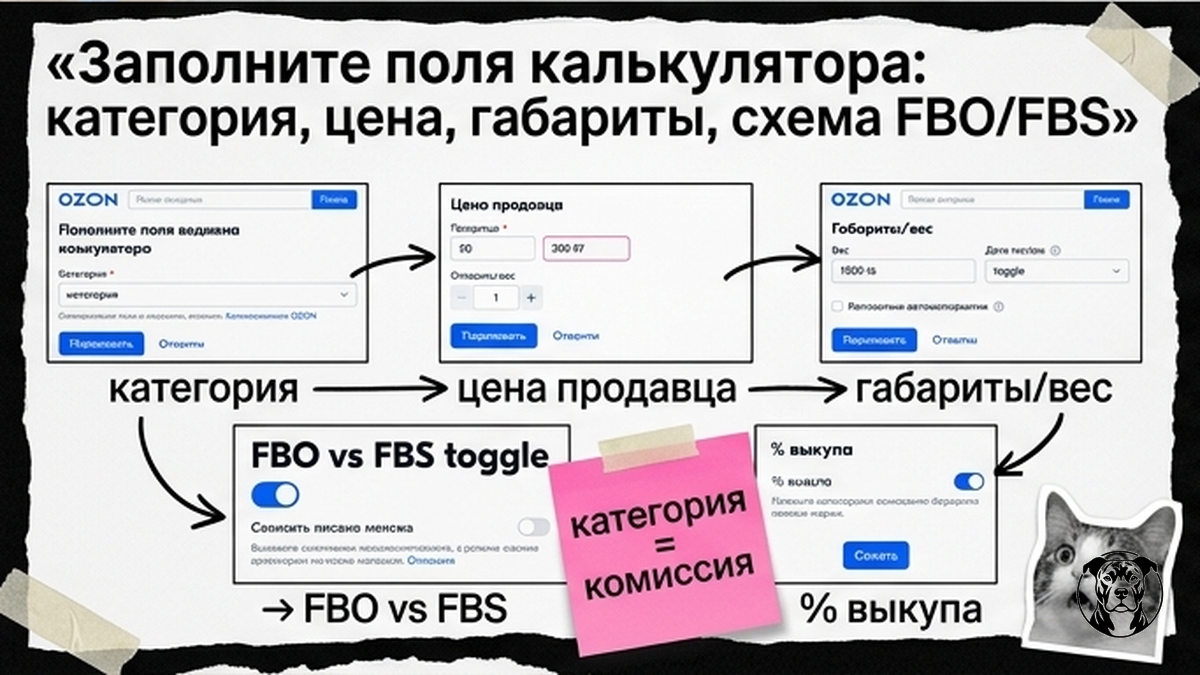 Схема заполнения полей калькулятора Ozon: категория, цена, габариты, FBO/FBS