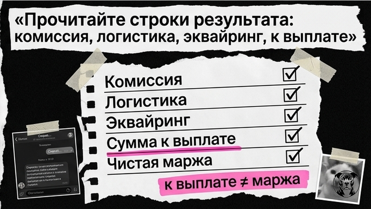 Чеклист строк результата калькулятора Ozon: комиссия, логистика, эквайринг, к выплате