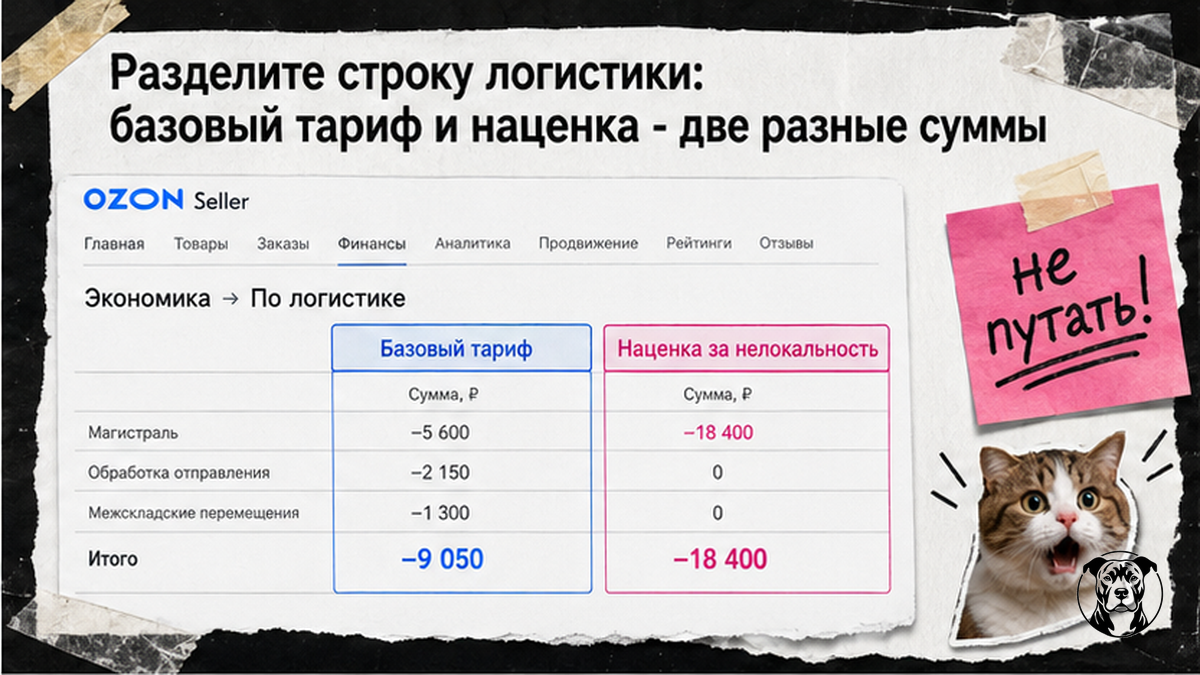 Таблица-сравнение: базовый тариф логистики Ozon и наценка за нелокальность — две отдельные суммы в отчёте