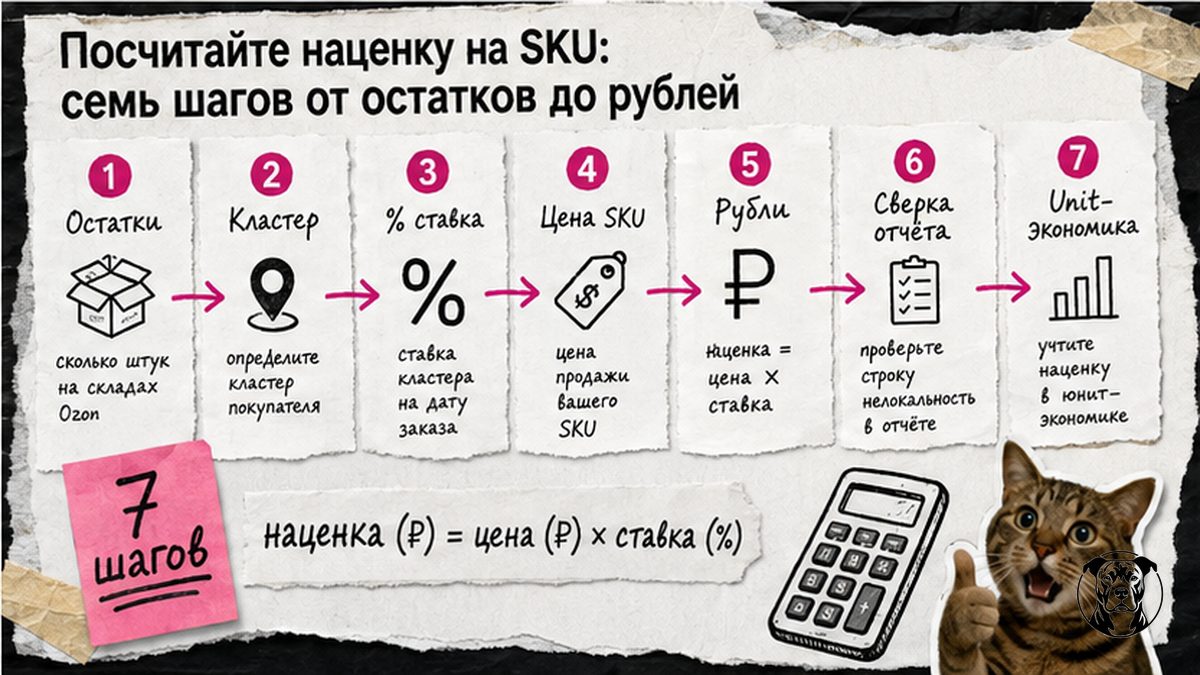Workflow из семи шагов расчёта наценки за нелокальность на SKU Ozon FBO в рублях