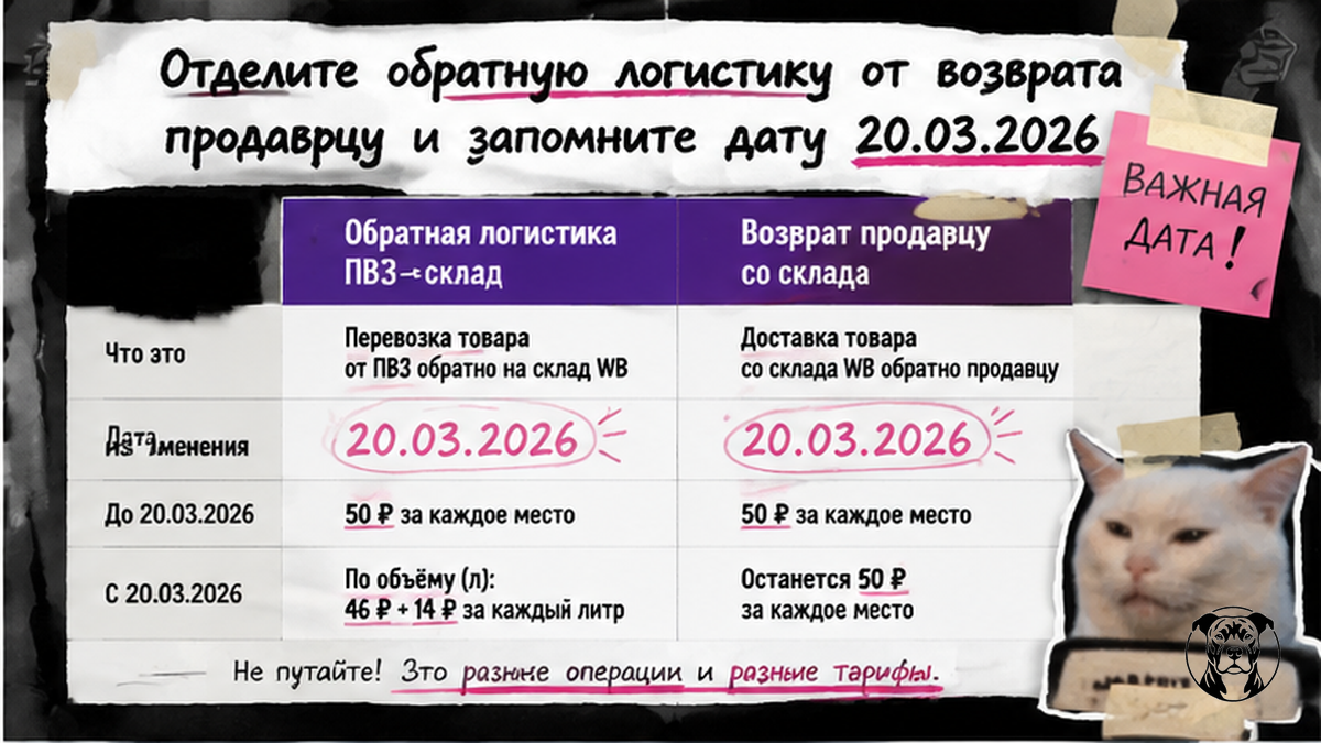 Таблица: обратная логистика WB vs возврат продавцу и дата 20.03.2026