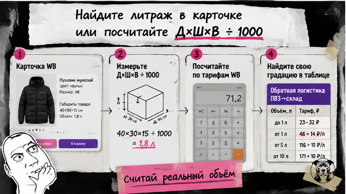 Схема расчёта литража SKU: карточка WB, формула Д×Ш×В÷1000, калькулятор