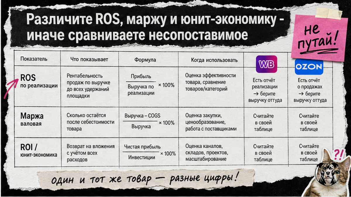Таблица сравнения ROS, маржи и ROI для маркетплейсов