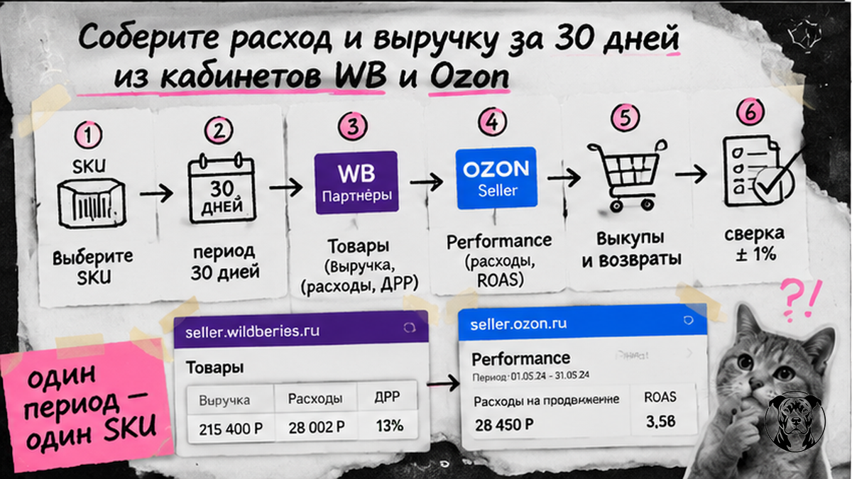 Схема сбора расхода и выручки за 30 дней из кабинетов WB и Ozon