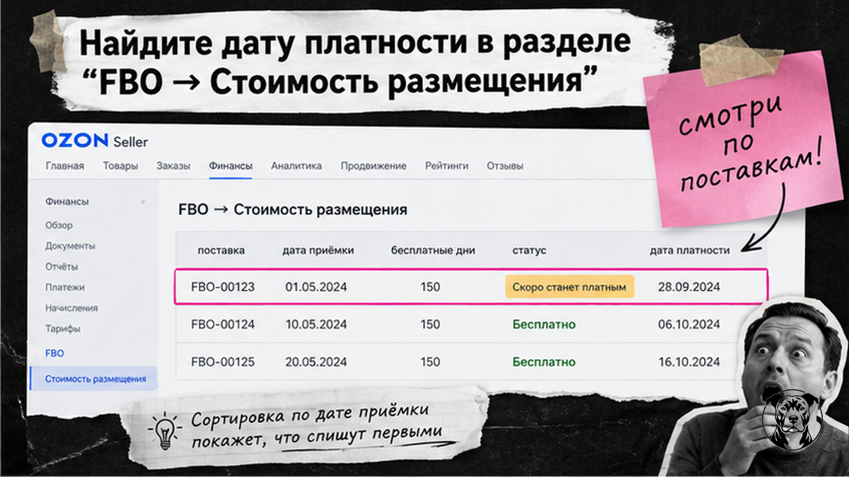 Таблица Ozon FBO: дата платности и статус по каждой поставке в разделе «Стоимость размещения»