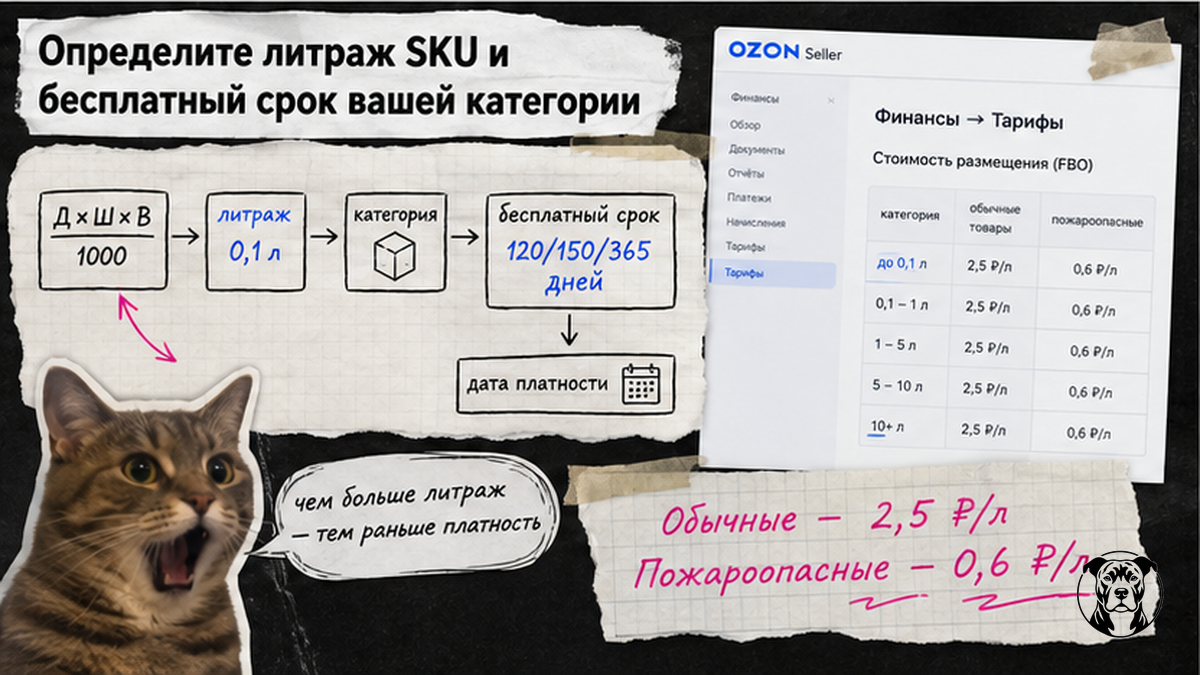 Workflow: литраж SKU, бесплатный срок категории и тариф хранения Ozon FBO