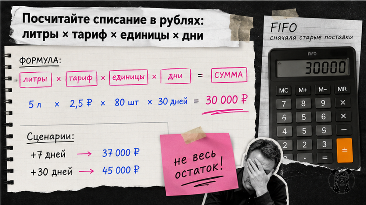 Чеклист расчёта списания за хранение: литры × тариф × платные единицы × дни