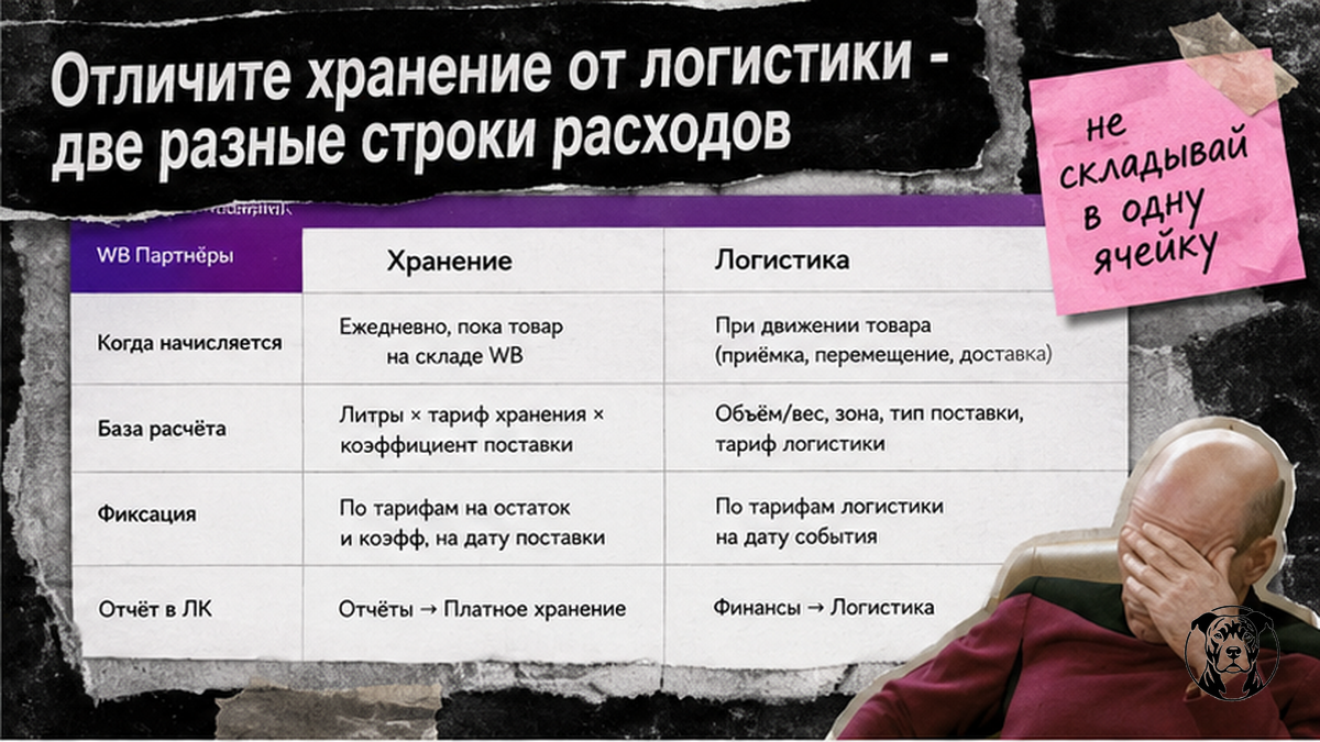 Таблица сравнения хранения и логистики Wildberries на мокапе ЛК продавца