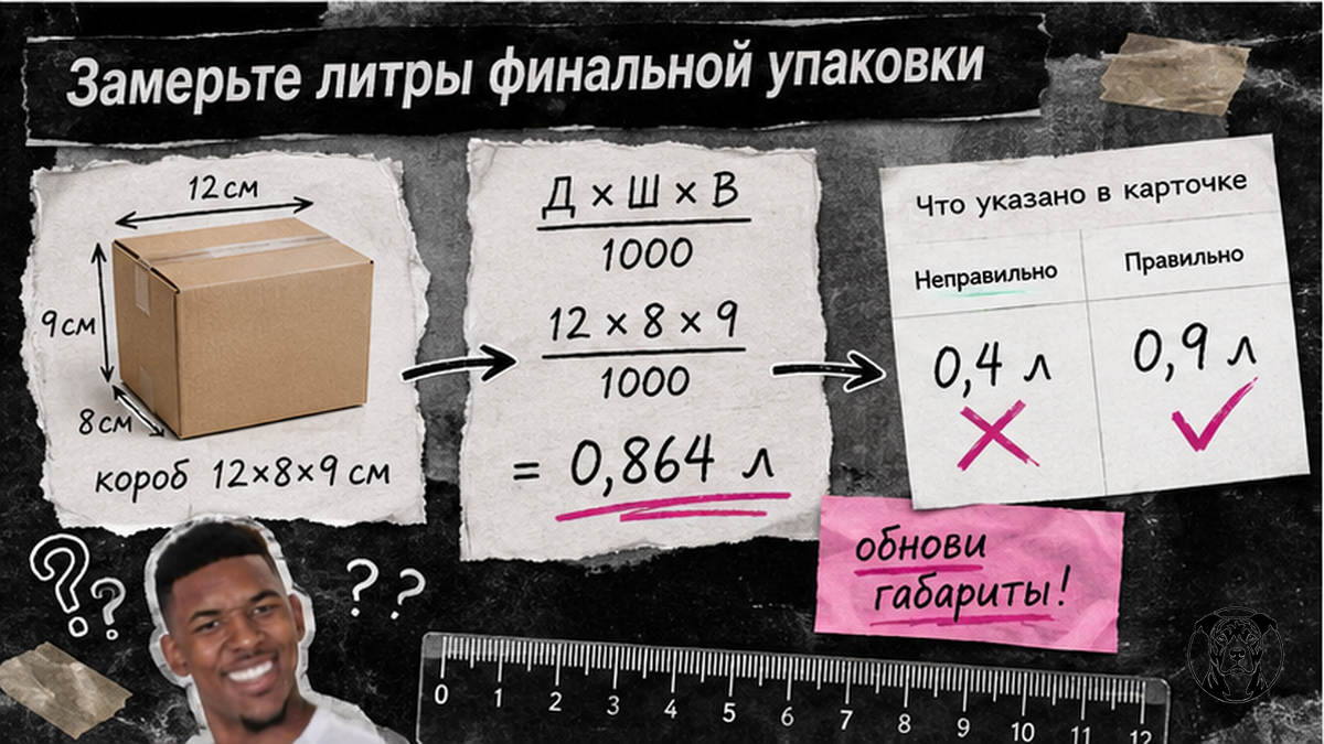 Схема расчёта литров упаковки для хранения на Wildberries