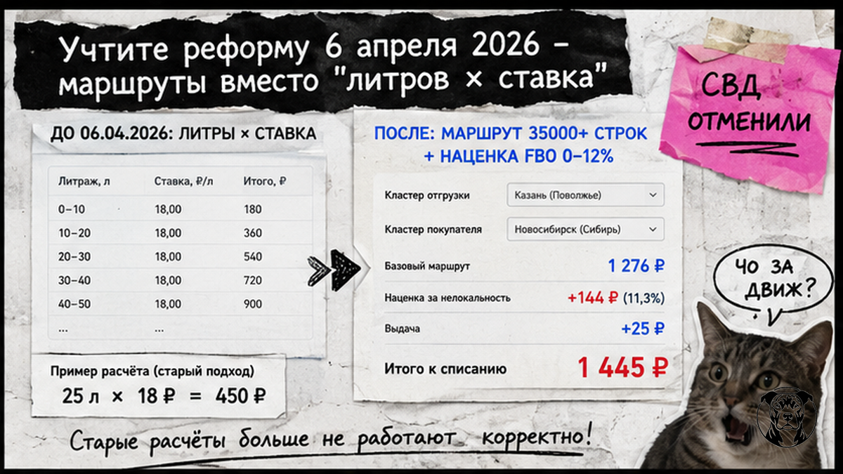 Сравнительная таблица: старая литровая модель vs маршрутные тарифы Ozon с апреля 2026