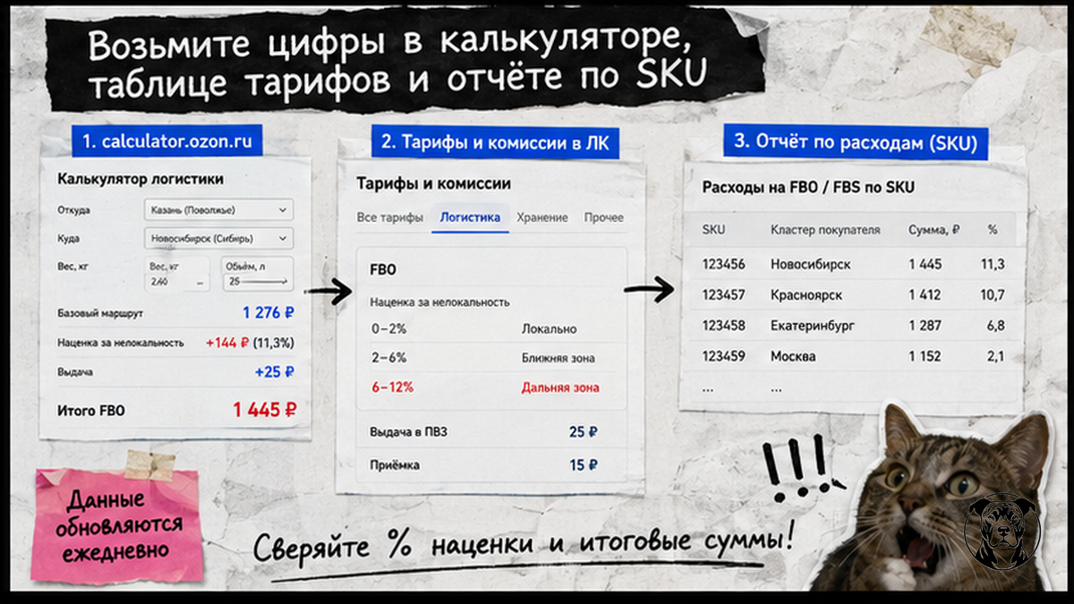 Инфографика: три источника цифр для расчёта логистики Ozon — калькулятор, таблица тарифов, отчёт SKU