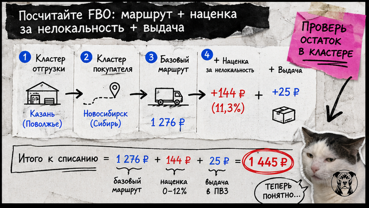 Схема расчёта FBO: маршрутный тариф + наценка за нелокальность + доставка до выдачи