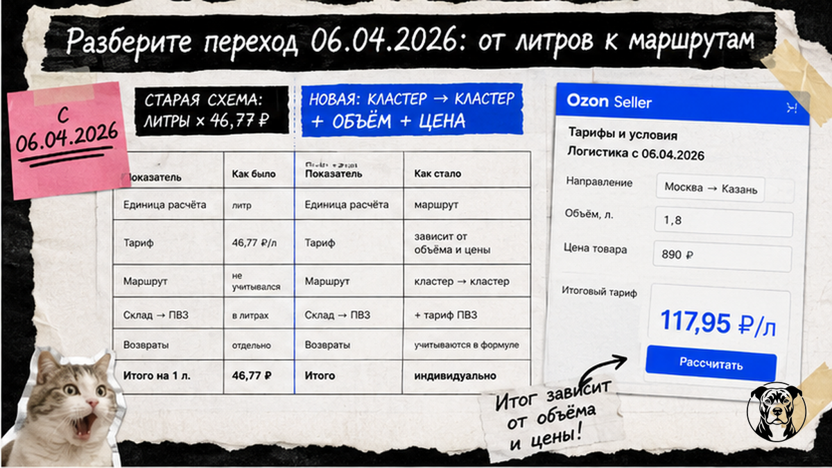 Сравнение старого расчёта логистики Ozon по литрам и новых маршрутных тарифов 2026