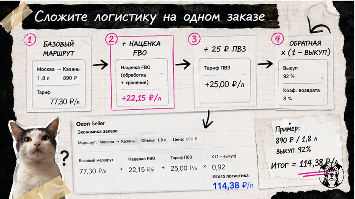 Схема сложения компонентов логистики Ozon на одном заказе FBO