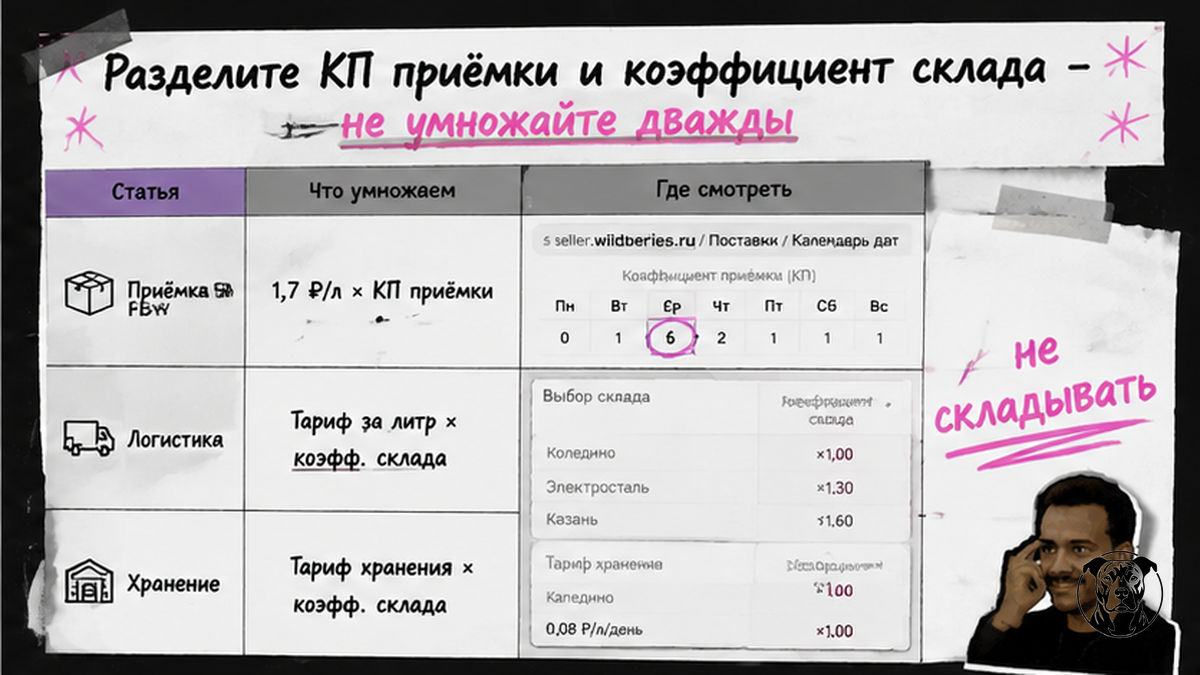 Таблица: KП приёмки и коэффициент склада — разные строки расходов WB