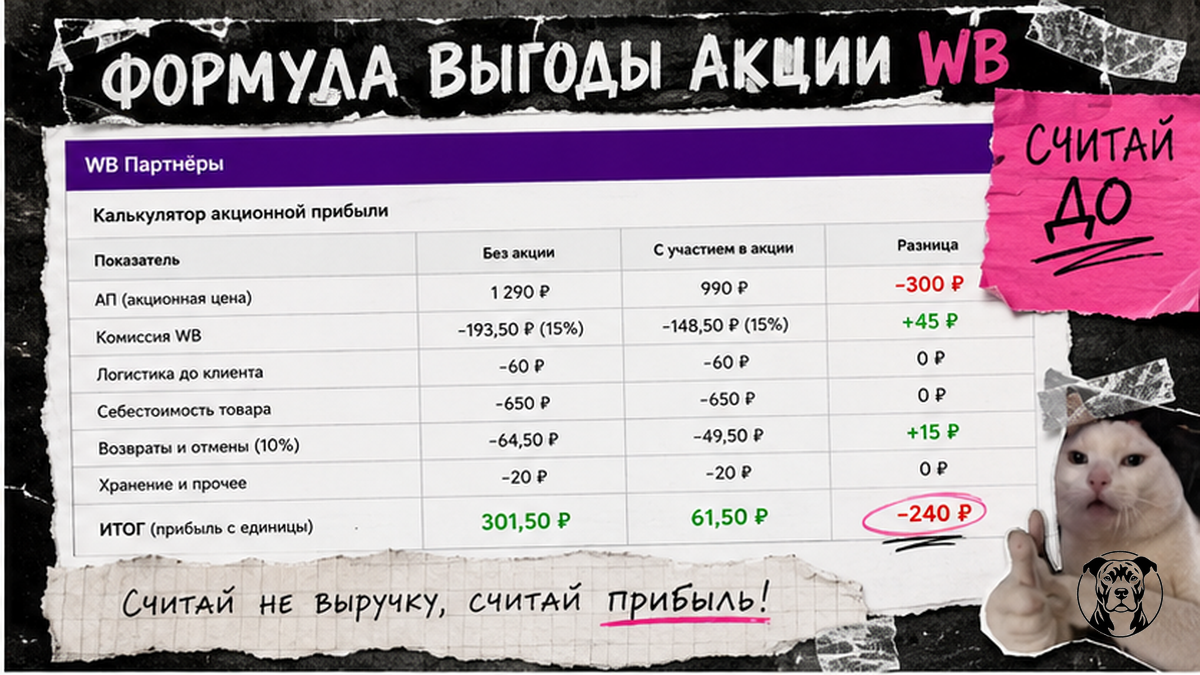 Таблица расчёта акционной прибыли Wildberries: формула АП × (1–К%) – логистика – себестоимость
