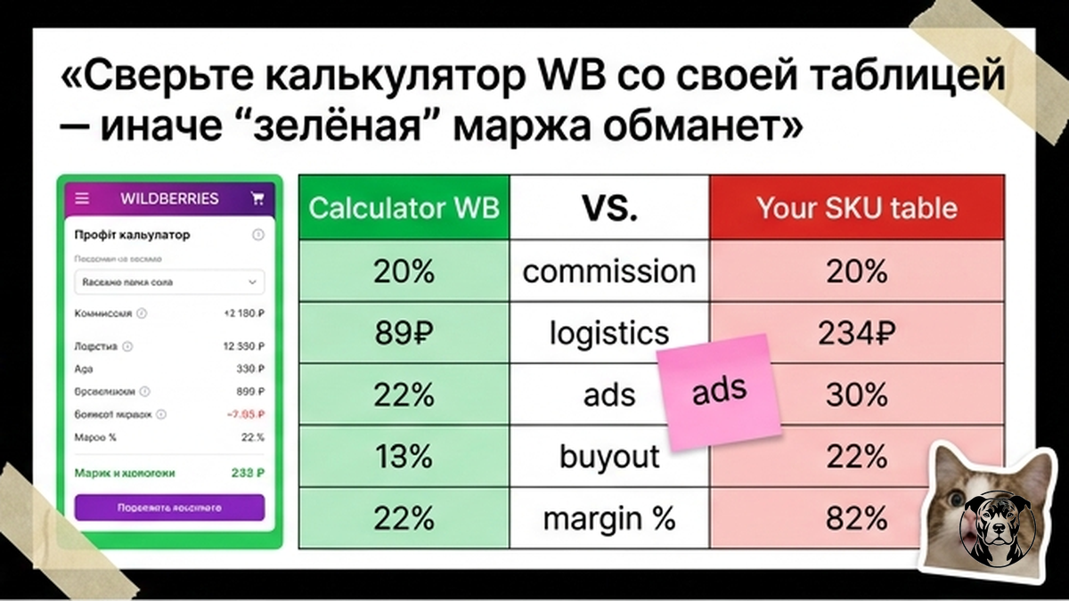 Сравнение калькулятора WB и своей таблицы юнит-экономики по артикулу