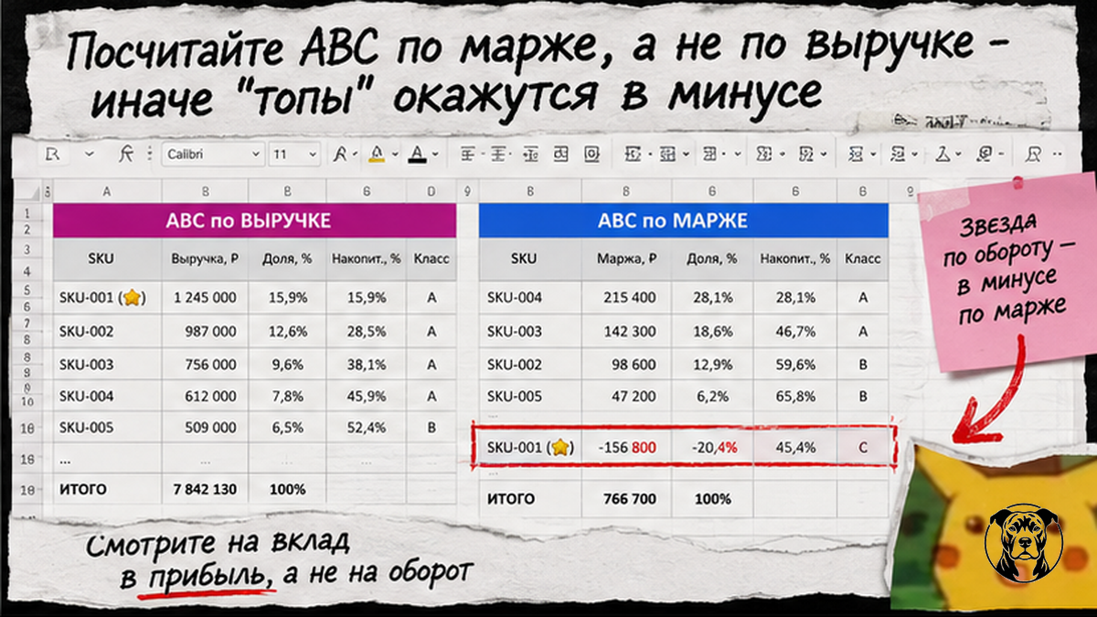 Сравнительная таблица ABC по выручке и по марже для SKU маркетплейса