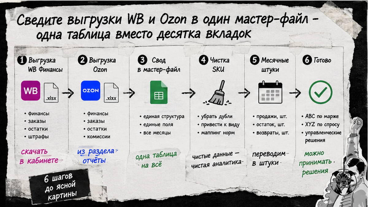 Схема workflow: сведение выгрузок WB и Ozon в один мастер-файл Excel