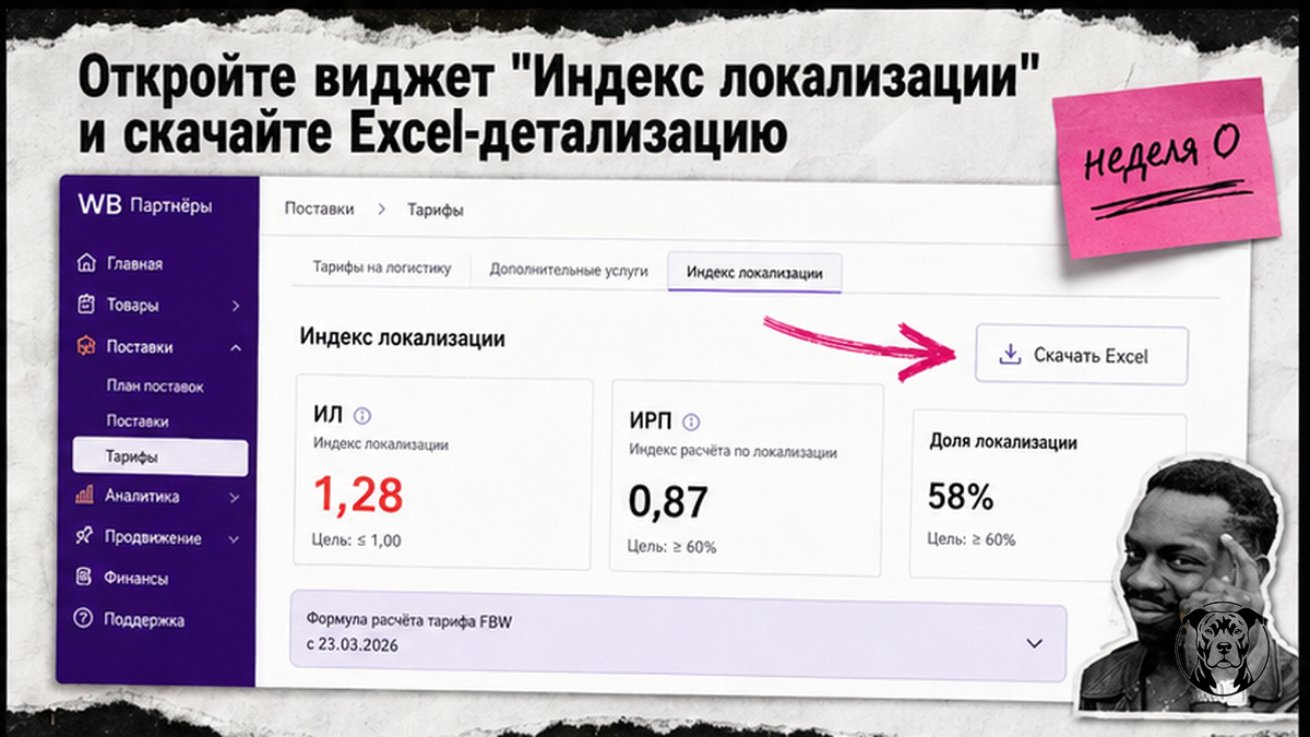 Скрин виджета индекса локализации Wildberries и кнопка выгрузки Excel-детализации