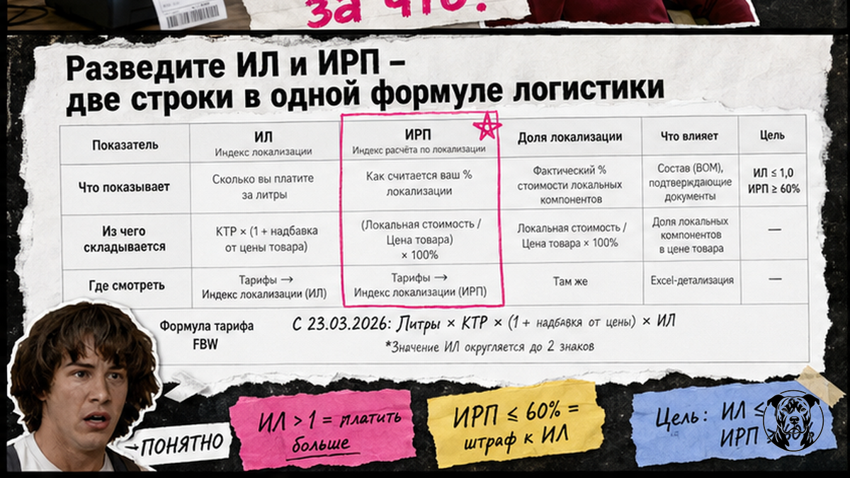Сравнение показателей ИЛ, ИРП и доли локализации в формуле логистики Wildberries