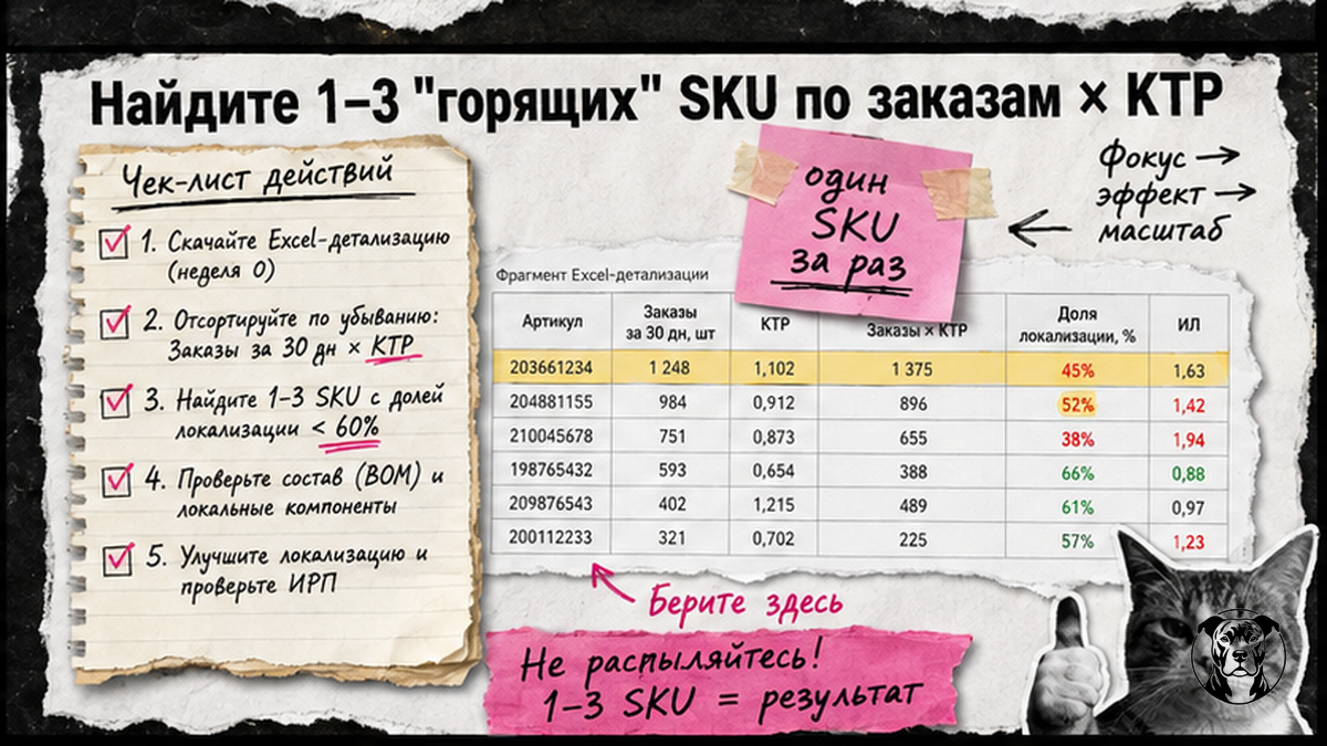 Чеклист поиска горящих SKU по произведению заказов и КТР в Excel-детализации