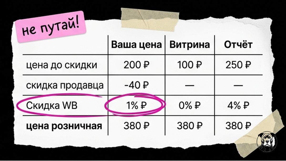 Таблица трёх цен Wildberries: ваша, витринная и отчётная — скидка продавца vs Скидка WB