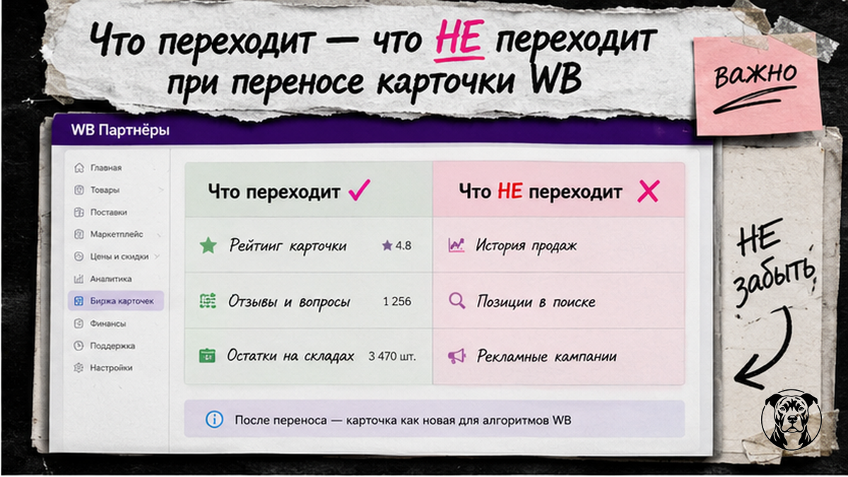 Таблица: что переходит и что не переходит при покупке карточки на бирже Wildberries