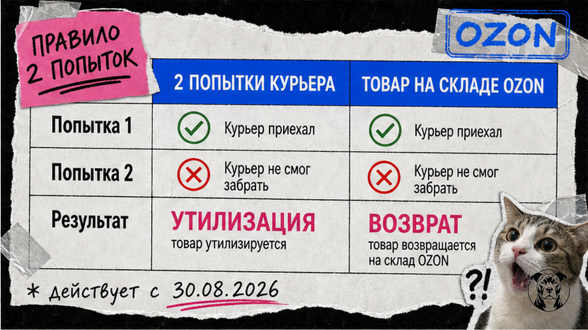 Таблица правила двух попыток: что происходит с FBS-товаром после неудачных доставок Ozon