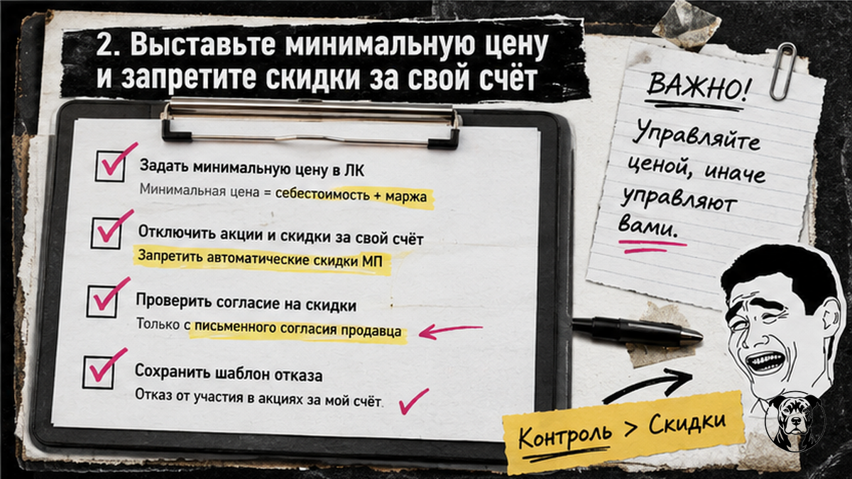 Чеклист: как выставить минимальную цену и запретить скидки за свой счёт на WB и Ozon