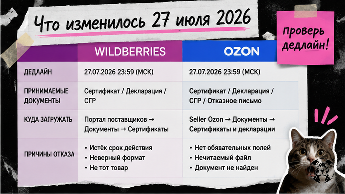 Таблица сравнения требований: WB vs Ozon — типы документов, сроки, куда загружать