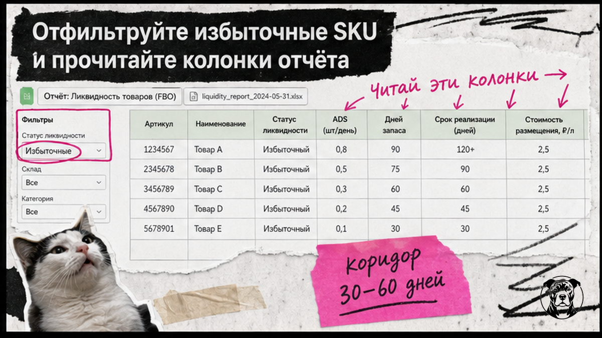 Схема фильтра избыточных SKU в отчёте ликвидности Ozon FBO и расшифровка колонок