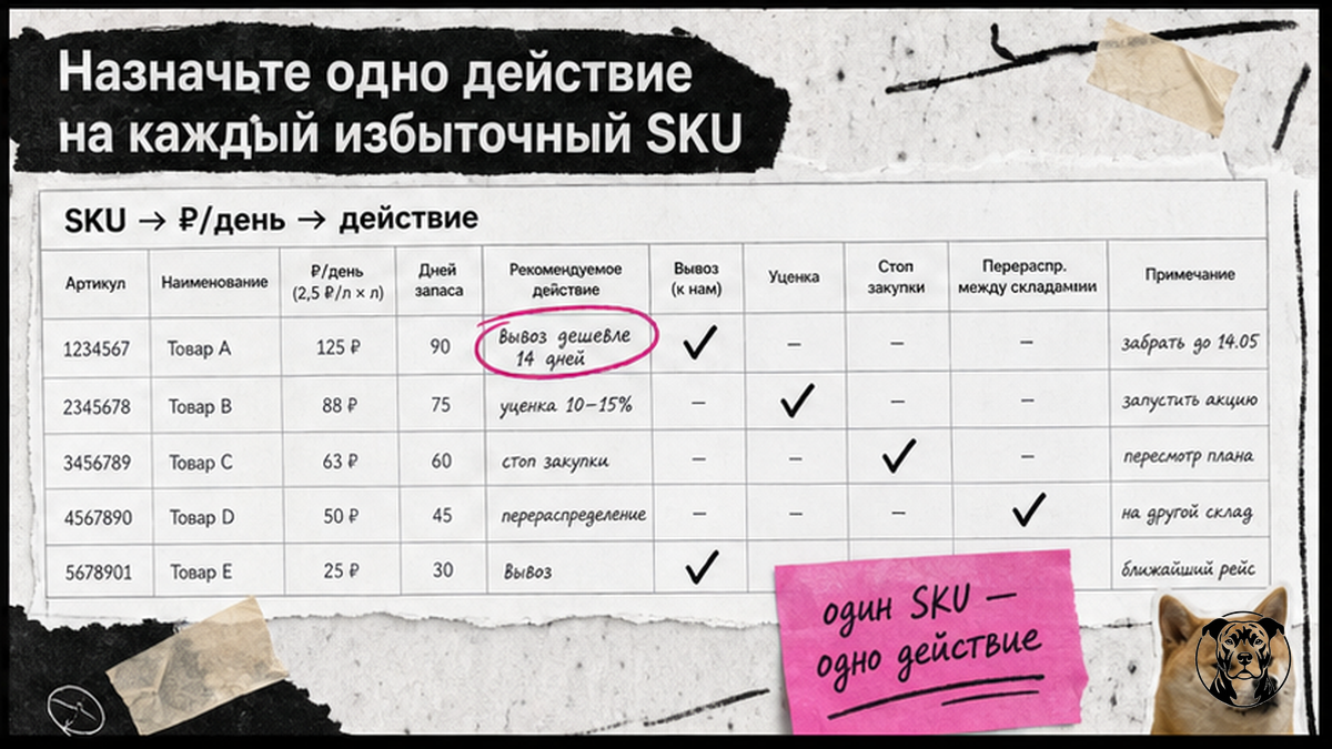 Чеклист назначения одного действия на каждый избыточный SKU Ozon FBO