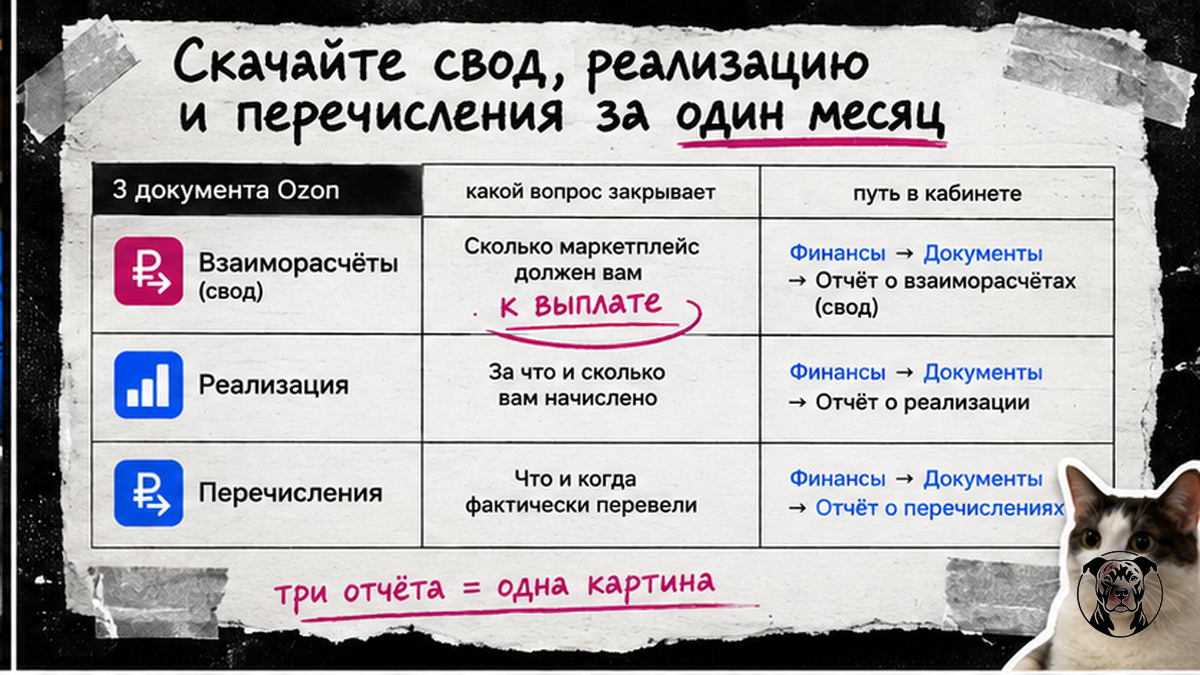 Таблица трёх документов Ozon за месяц: взаиморасчёты, реализация и перечисления — где скачать