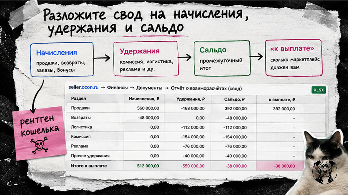 Схема блоков отчёта о взаиморасчетах Ozon: начисления, удержания и сальдо