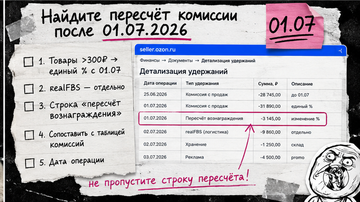 Чеклист поиска пересчёта комиссии Ozon после 01.07.2026 в отчёте о взаиморасчетах