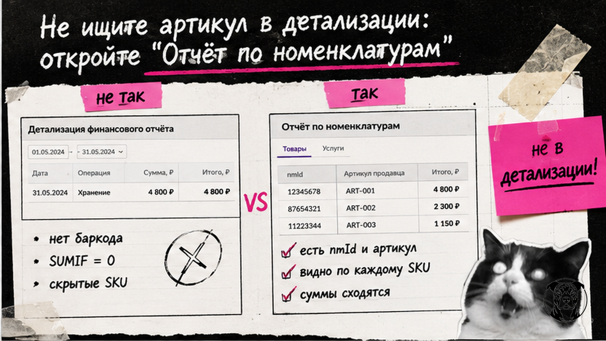 Сравнение: почему в детализации WB нет артикула хранения и где искать разбивку по номенклатурам