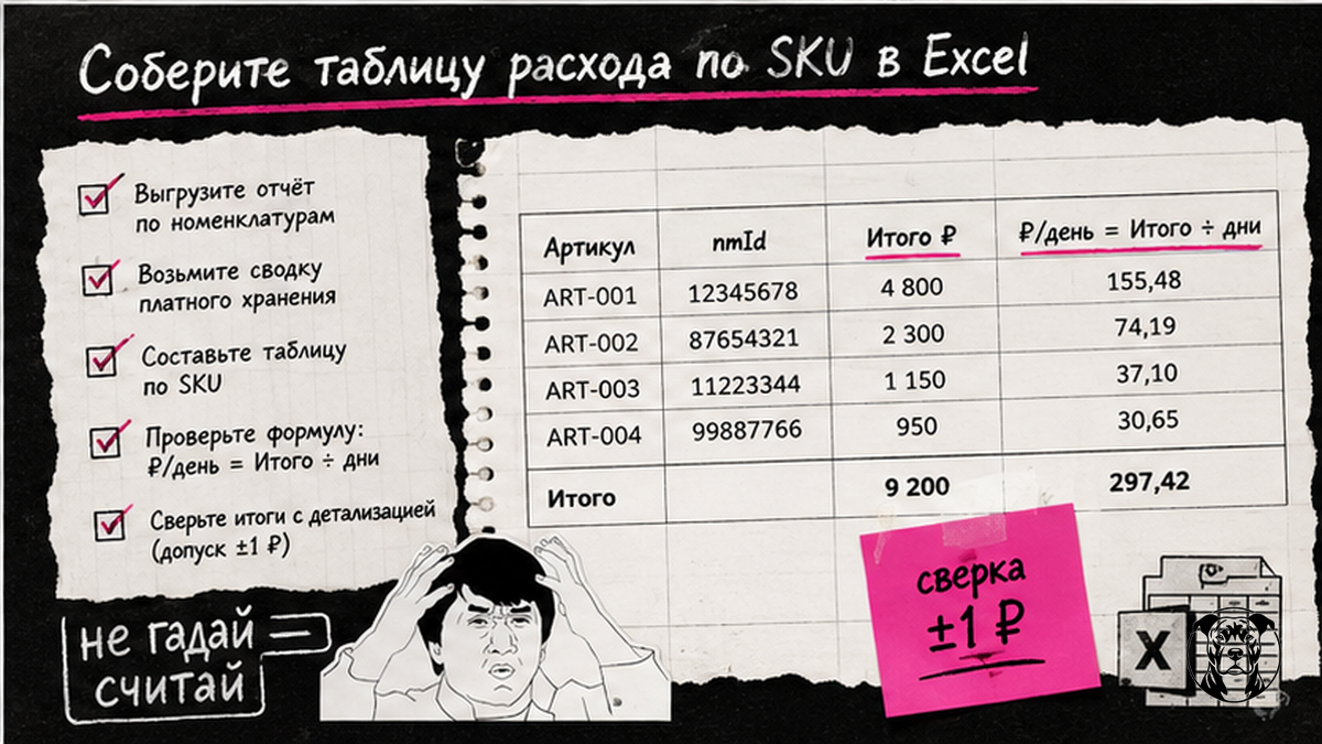 Чеклист: как собрать таблицу расхода по SKU в Excel из отчёта платного хранения WB