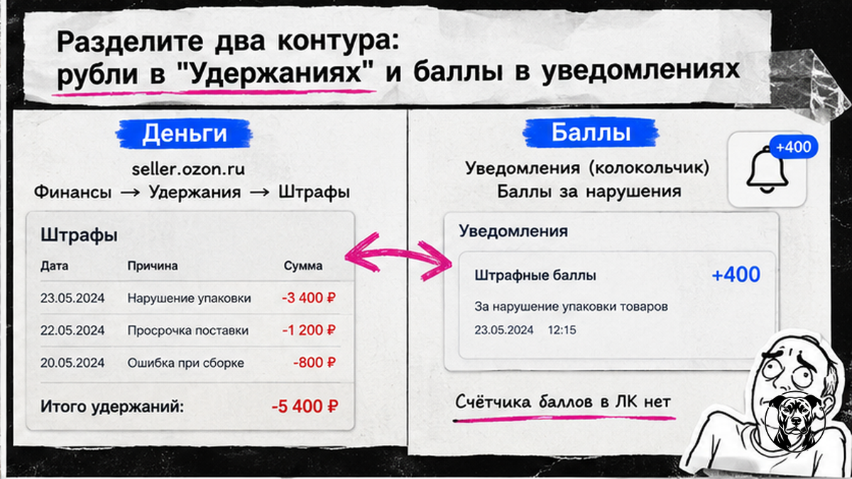 Таблица сравнения двух контуров санкций Ozon: рубли в Удержаниях vs баллы в уведомлениях
