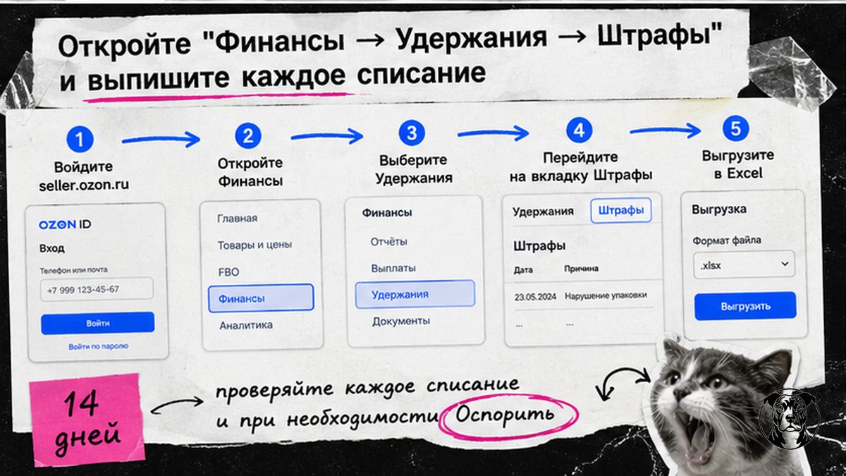 Схема шагов: как открыть раздел Штрафы в личном кабинете Ozon и выписать списания
