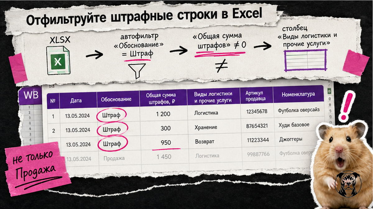Схема: как отфильтровать штрафные строки в детализации XLSX Wildberries
