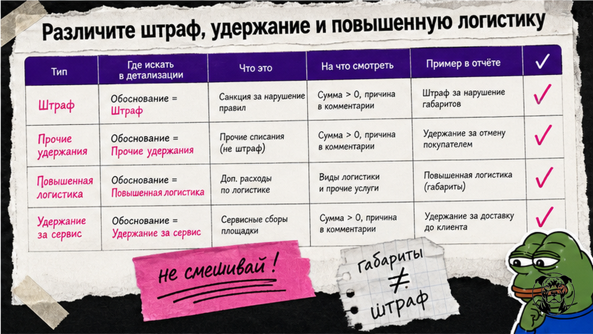 Чеклист: чем отличается штраф, прочие удержания и повышенная логистика в отчёте WB