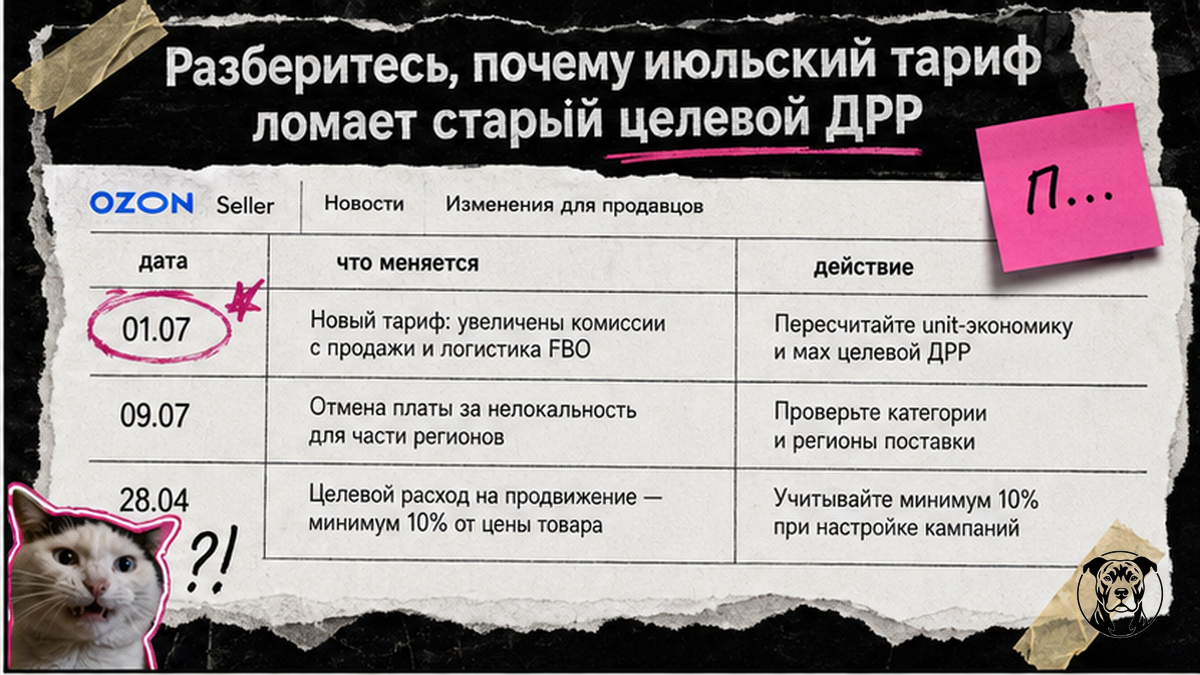 Таблица июльских тарифов Ozon и влияния на целевой ДРР