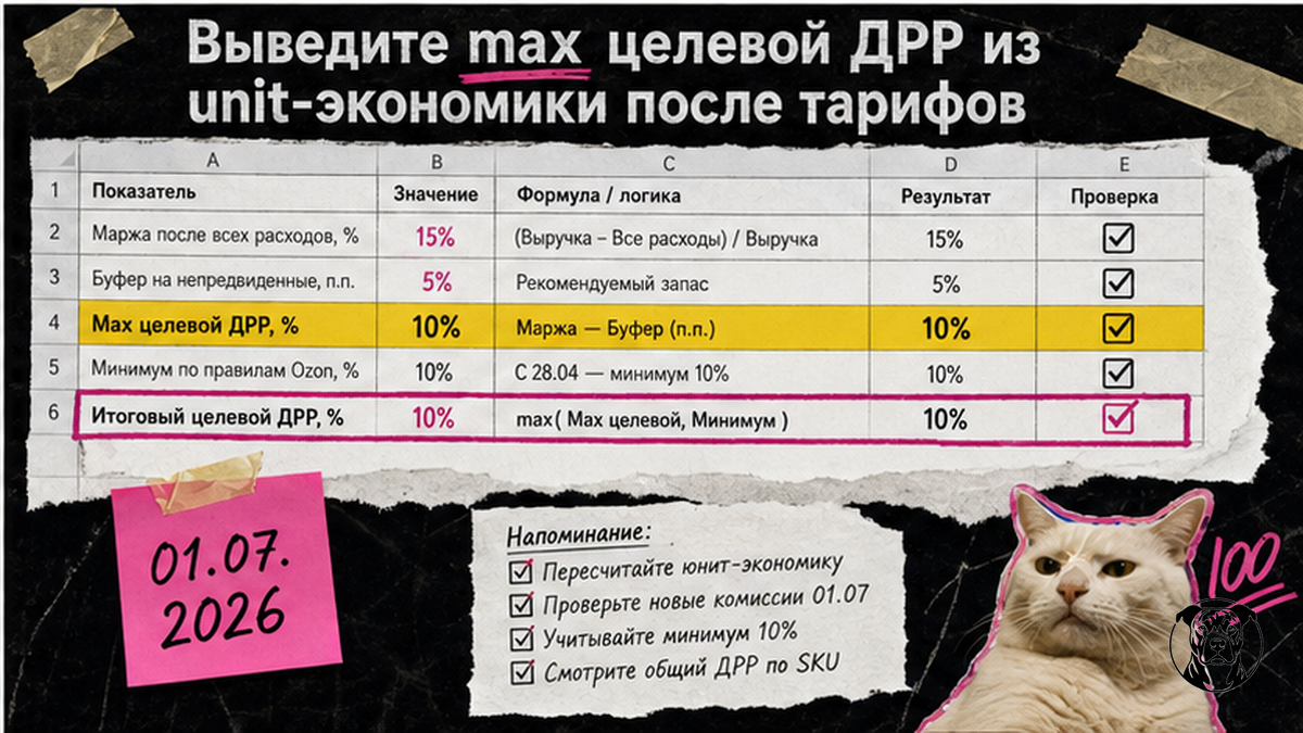 Чеклист расчёта max целевого ДРР из unit-экономики после тарифов июля