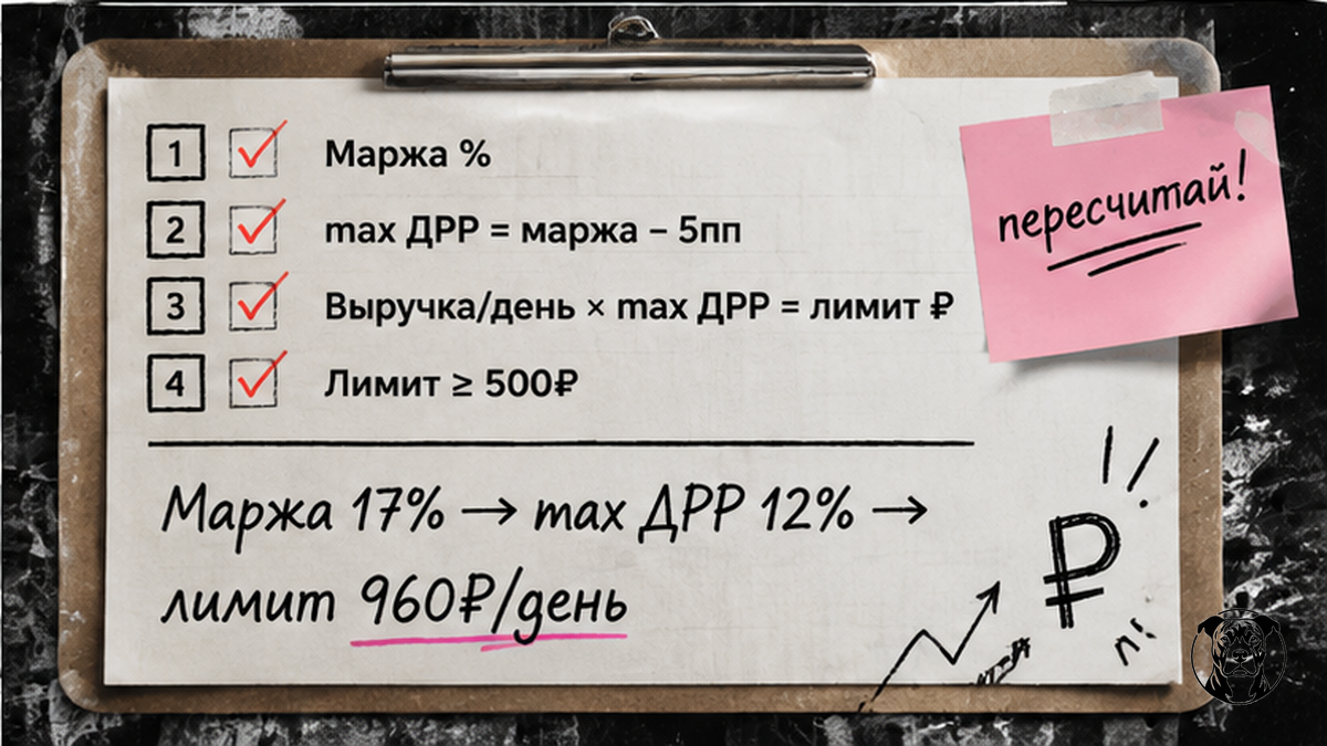 Чеклист-формула расчёта дневного лимита CPC Wildberries по ДРР
