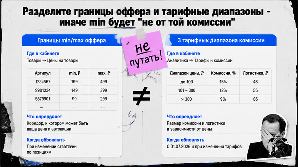 Таблица: границы оффера min/max vs три тарифных диапазона комиссии Ozon