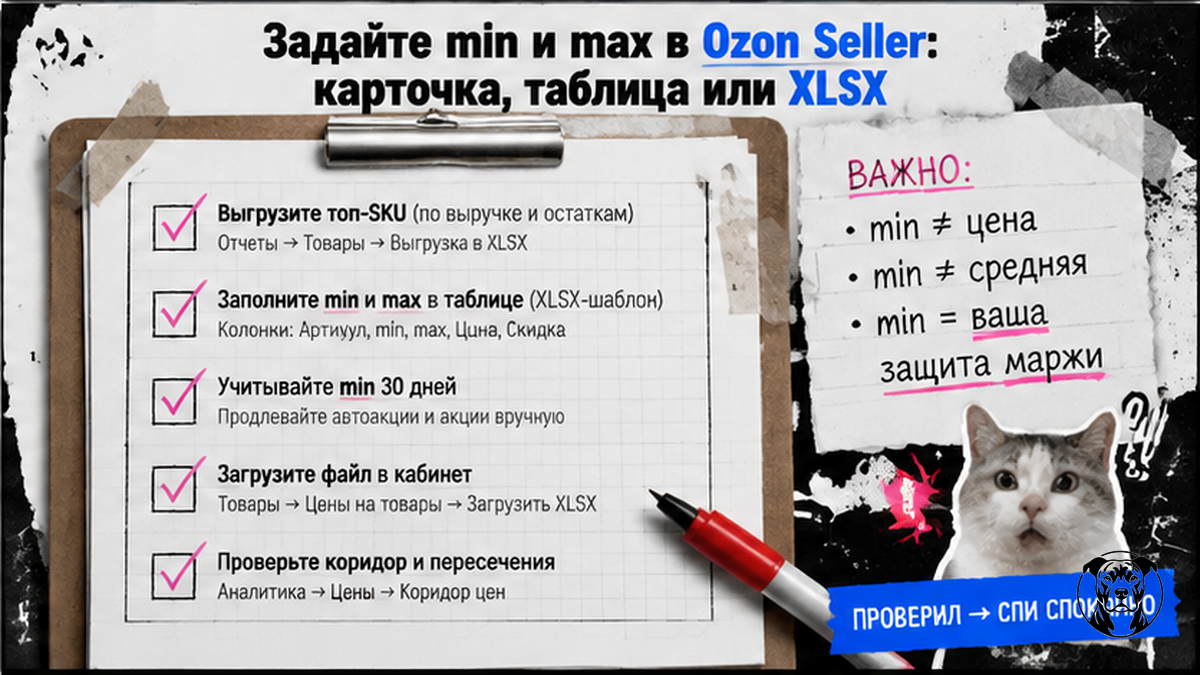 Чеклист загрузки min и max в Ozon Seller через карточку, таблицу или XLSX