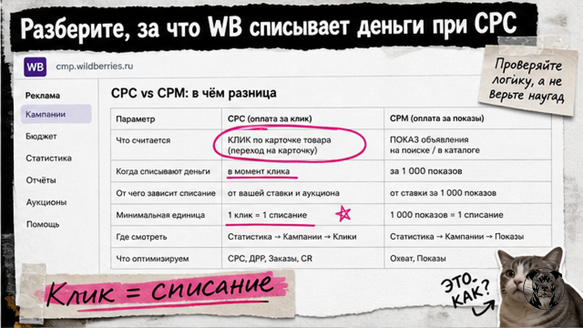 Таблица сравнения CPC и CPM в ВБ Продвижении: за что списывают деньги при оплате за клик